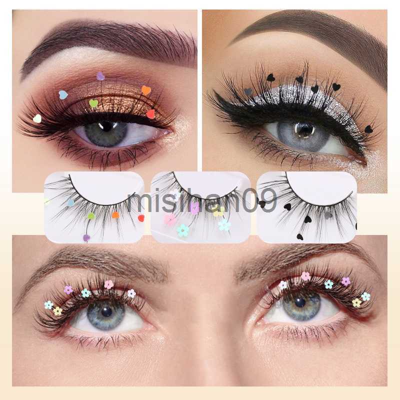 False Eyelashes New 7D Mink Sequins False Eyelashes Peach Heart Glitter Stickers Extension Curler Natural Eye Lashes Makeup Party Wedding J230717