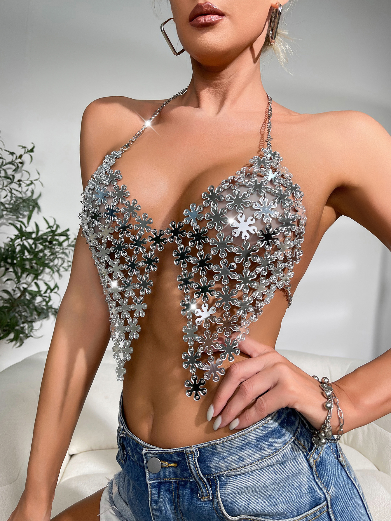 

Women's Tanks Sexy y2k clothes halter metal sequin tops women summer see through Crop top womens rave beach party tank Top night Club outfits, Silver