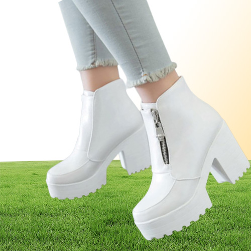 Sgesvier Black White Platform Ankle Boots for Women High Heels Boots Ladies Zip Autumn Winter Booties Woman Boots Shoes T2004