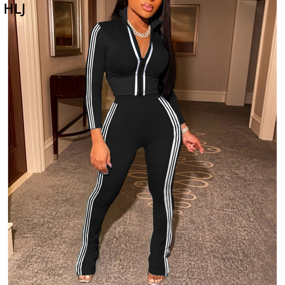 Women's Two Piece Pants HLJ Fashion Streetwear Women Zipper Long Sleeve Top Skinny Pants Two Piece Set Casual Solid Color Matching Sport 2pcs Out