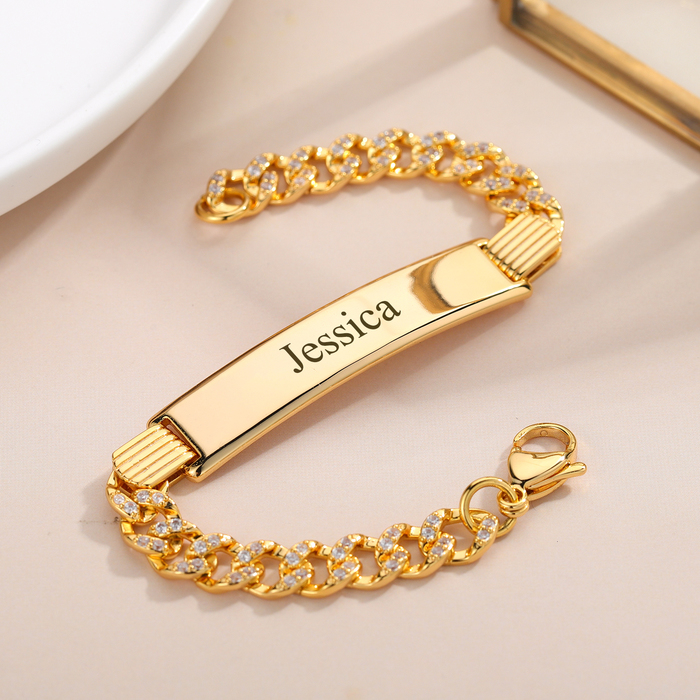 Bangle Custom Name Bracelet Zircon Hip Hop Cuban Chain Bracelet Carved Date Pendant 18k Gold Plated Men's Father's Day Gft Jewelry 230718