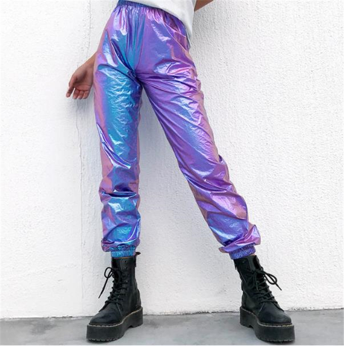 Women's Pants Capris Laser Hologram Sympony Metal Purple Trousers Loosen Stage Show Hip Hop 230717