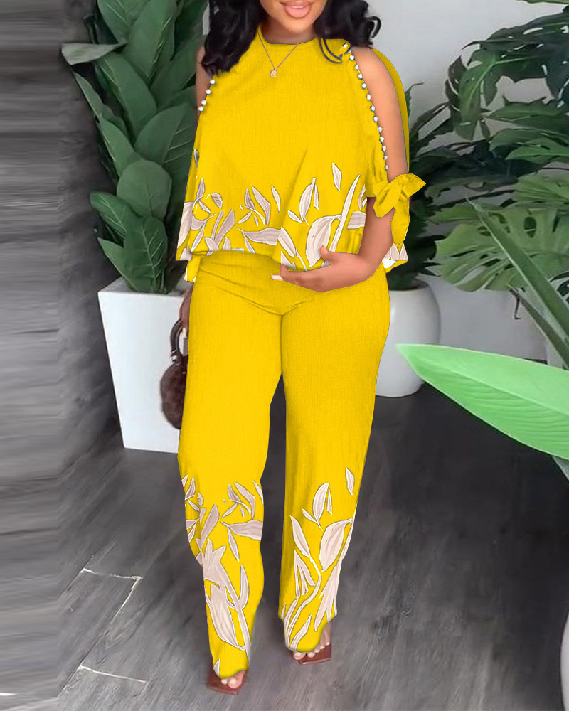 Women's Two Piece Pants Summer Printed Beading 2 Piece Set Women Casual Two Piece Outfit Hollow Out Long Sleeve Top Straight Leg Pants Suit Track