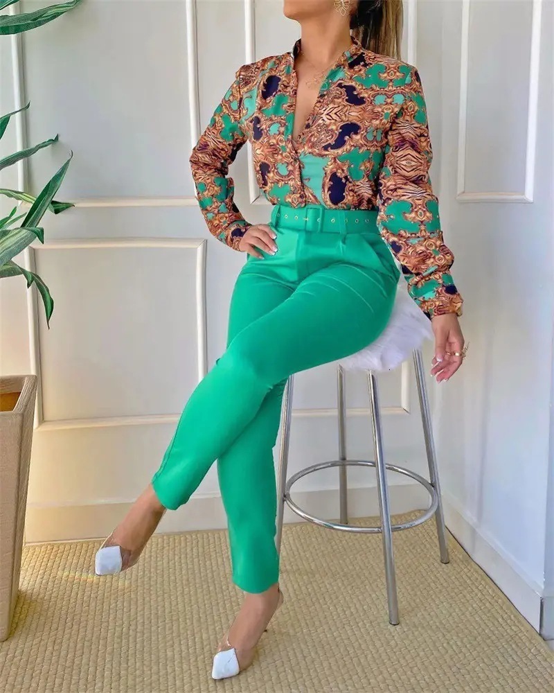 Women's Two Piece Pants Fashion Baroque Print Two Piece Set Women Outfits Elegant Office Lady Single Breasted Long Sleeve Shirt Belt Pant Matchin
