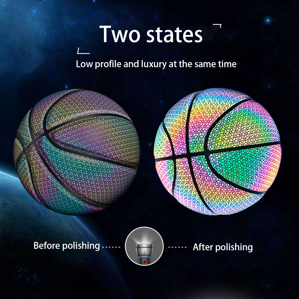 Balls Colorful Holographic Reflective Basketball Ball PU Leather Night Game Street Game Glowing Basketball Sports Luminous Basketball 230717