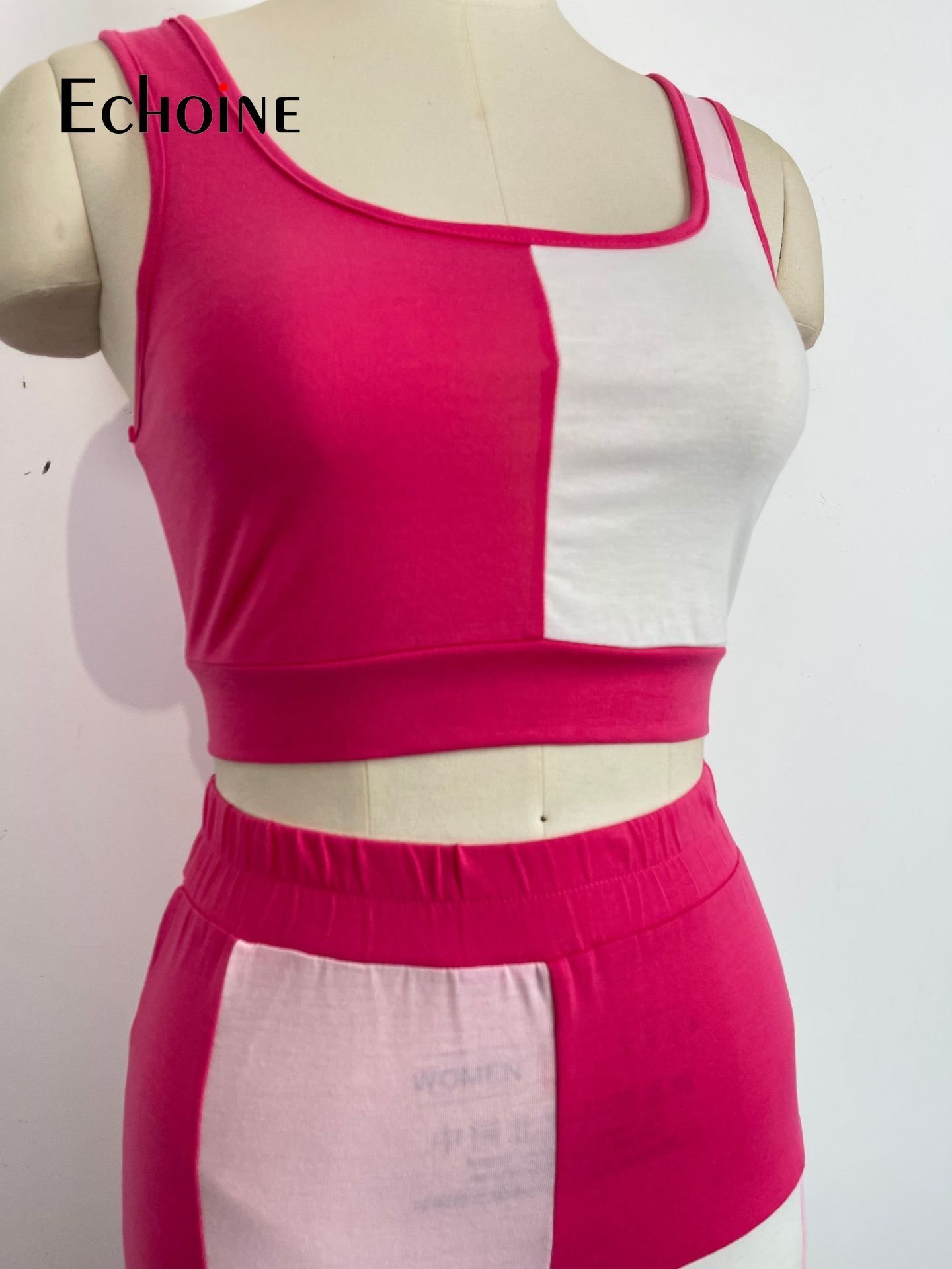 Women's Two Piece Pants Echoine Women Contrast color stitching Crop Vest Top And Trousers 2 Two Piece Sets Summer Sexy Fashion Party Tracksuit Ou