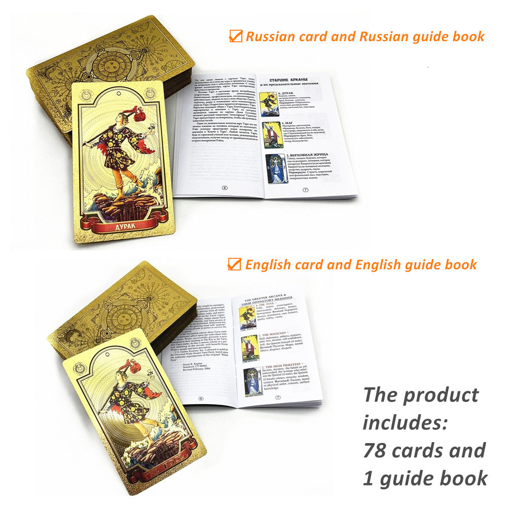 Outdoor Games Activities High Quality Plastic Tarot Gold Foil Russian English Divination Cards Deck Witch Board Game L751 230718
