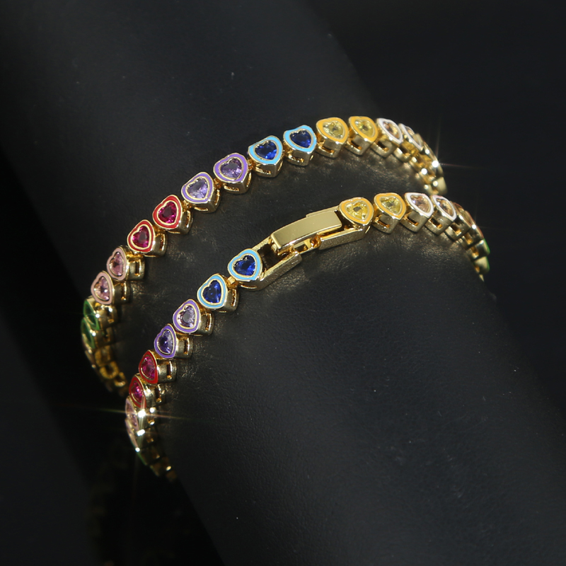 rainbow colorful mini love hearts zircon Bracelet Women Men hip hop Iced Out Bg Cubic Zirconia Couple Jewelry Gift