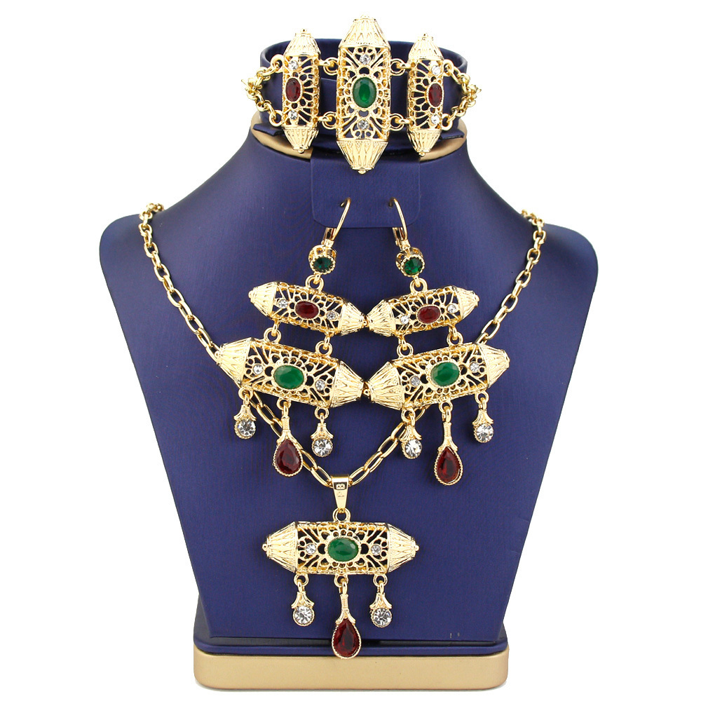Wedding Jewelry Sets Sunspicems Ethnic-Style Morocco Jewelry Sets Gold Color Women Drop Earring Charm Bracelet Necklace Arabic Bride Wedding Jewelry 2