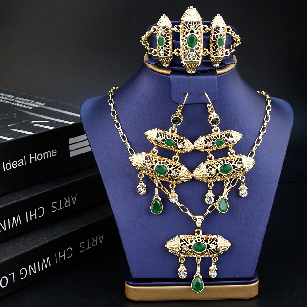 Wedding Jewelry Sets Sunspicems Ethnic-Style Morocco Jewelry Sets Gold Color Women Drop Earring Charm Bracelet Necklace Arabic Bride Wedding Jewelry 2