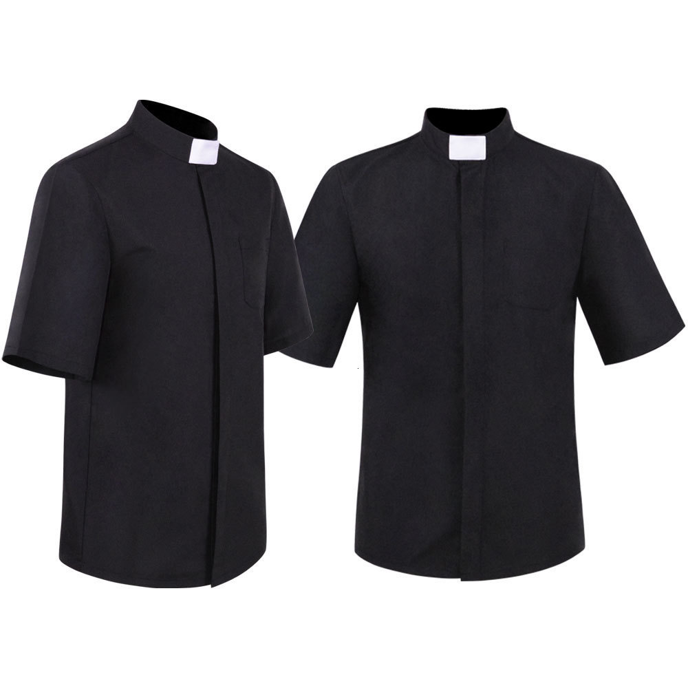 Men's Casual Shirts Priest Collar Shirt Men Clergy Standup Catholic Church Minister Preacher Summer Short Sleeve Tops Roman Blouse S5XL 230718