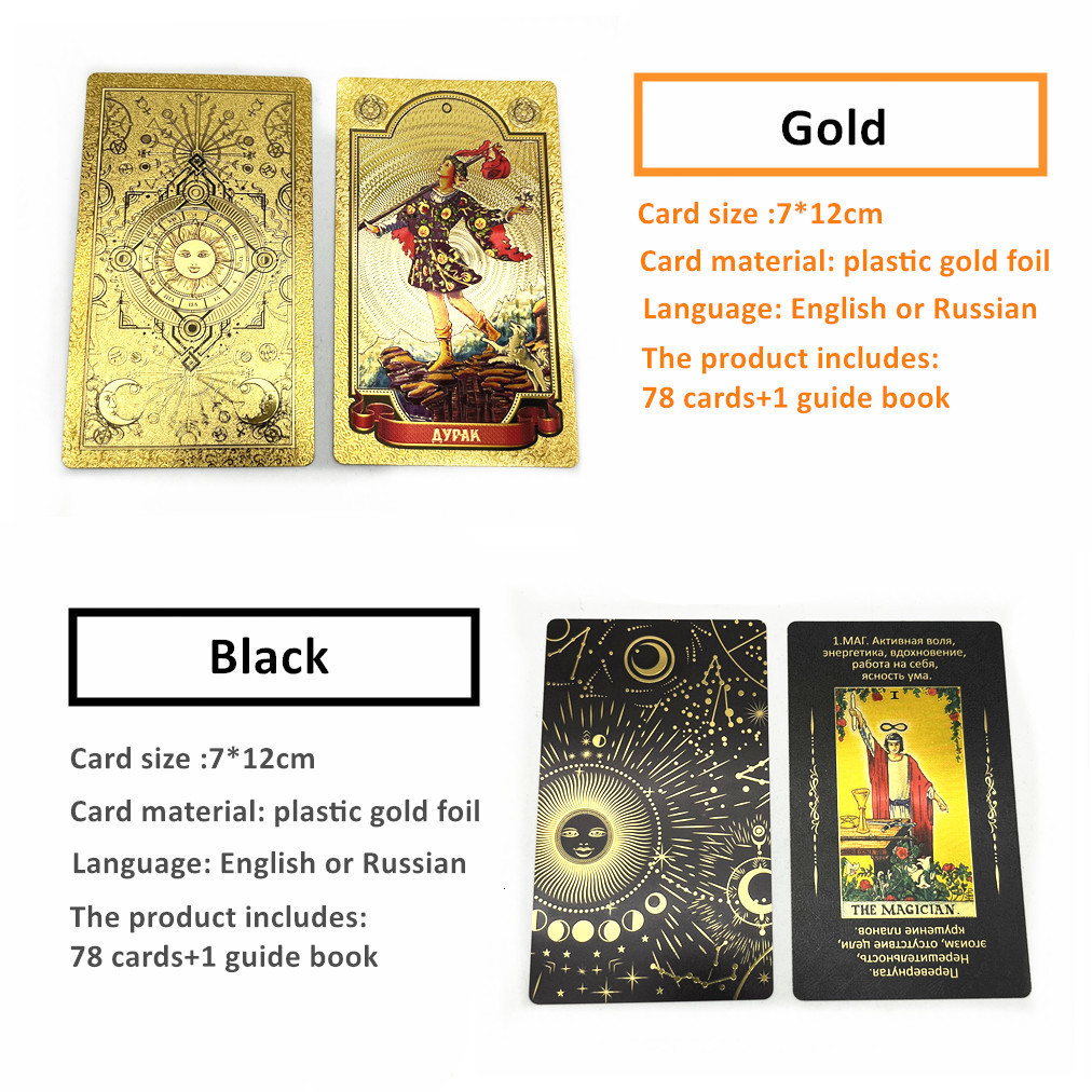 Outdoor Games Activities High Quality Plastic Tarot Gold Foil Russian English Divination Cards Deck Witch Board Game L751 230718