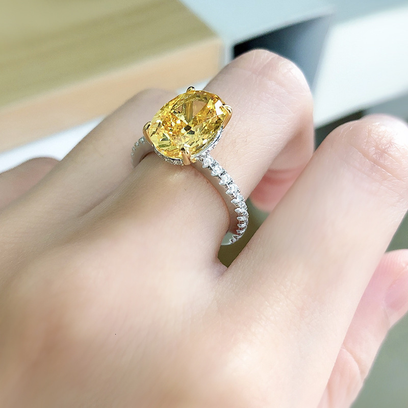 Wedding Rings Luomansi 8*12MM Yellow High Carbon Diamond Silver Ring 100%-S925 Silver Jewelry Wedding Party Woman Gift 230718