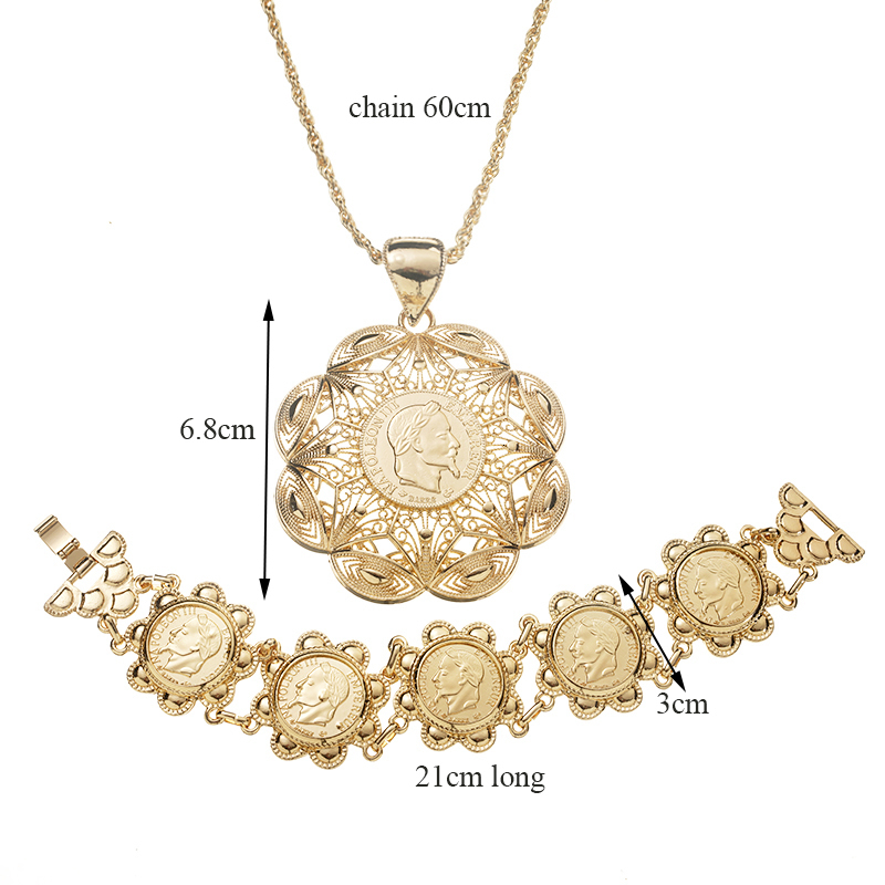 Wedding Jewelry Sets French Vintage Coin Bracelet Dubai Ladies Necklace Slide Chain Arabian Ladies Robe Jewelry Set Algerian Gold Plated Pendant 23071