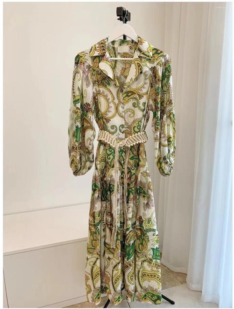 Casual Dresses Stylish Green Flower Printed Dress With Turn Down Collar And Waistband In Ramie Fabric