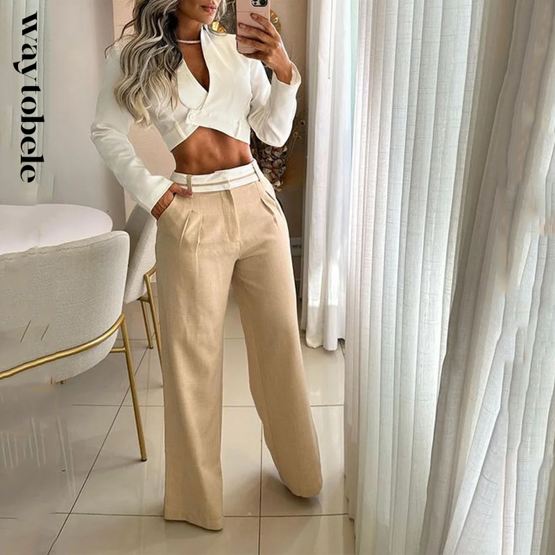 Women s Two Piece Pants Waytobele Women Set Fashion Solid Long Sleeve Lapel V Neck High Single Button Short Top Loose With Pockets Sets 230718