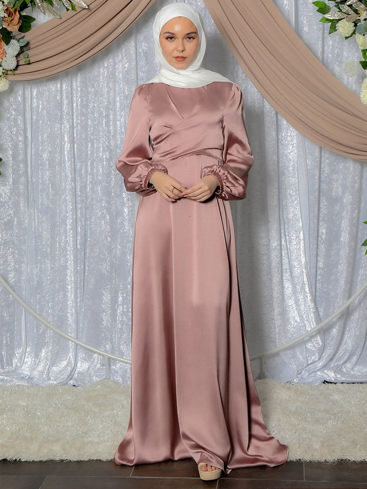 Ethnic Clothing Eid Satin Abaya Muslim Long Dres Elegant Wrap Front Belted Hijab Modest Dresses Party Arabic Islam Turkey Abayas Ramadan 230718