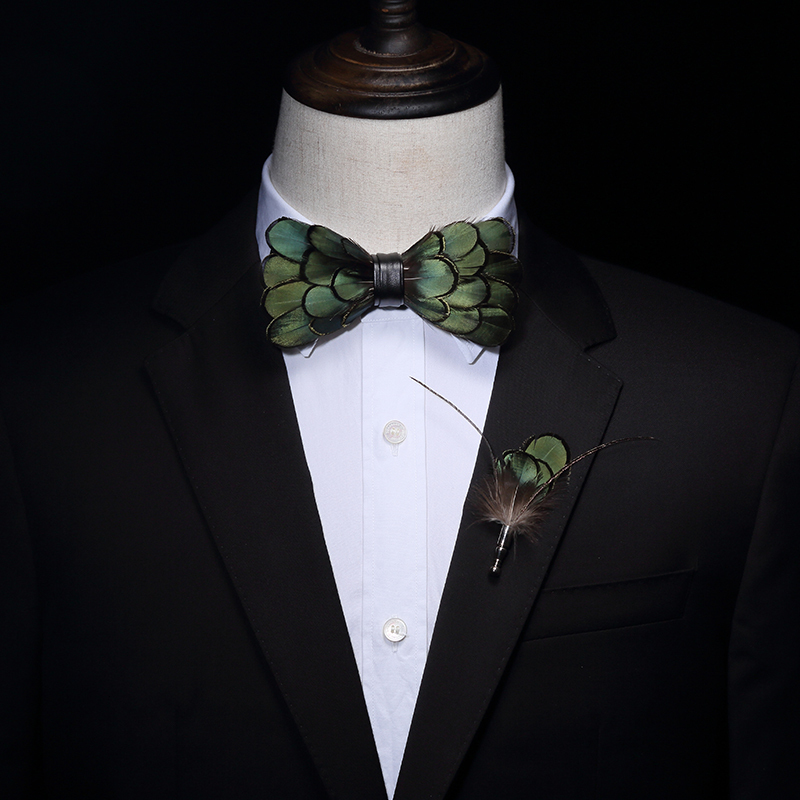 Bow Ties JEMYGINS Original Green Birds Feather Tie Natural Hand Made Bowtie Brooch Wood Gift Box Set For Men Business Party Wedding 230718