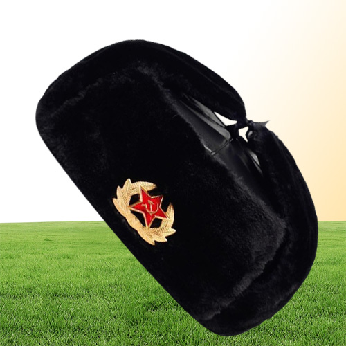 Soviet Army Military Badge Russia Ushanka Bomber Hats Pilot Trapper Hat Winter Faux Rait Fur Earflap Men Snow Caps1868955