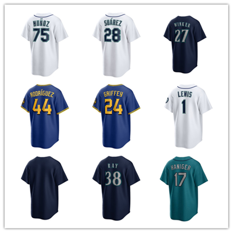 Custom Jersey Seattle Men women Youth Mariners 24 Ken Griffey Jr. 44 Julio Rodriguez 28 Eugenio Suarez 51 Suzuki 1 Kyle Lewis 38 Robbie Ray 75 Munoz Baseball Jerseys