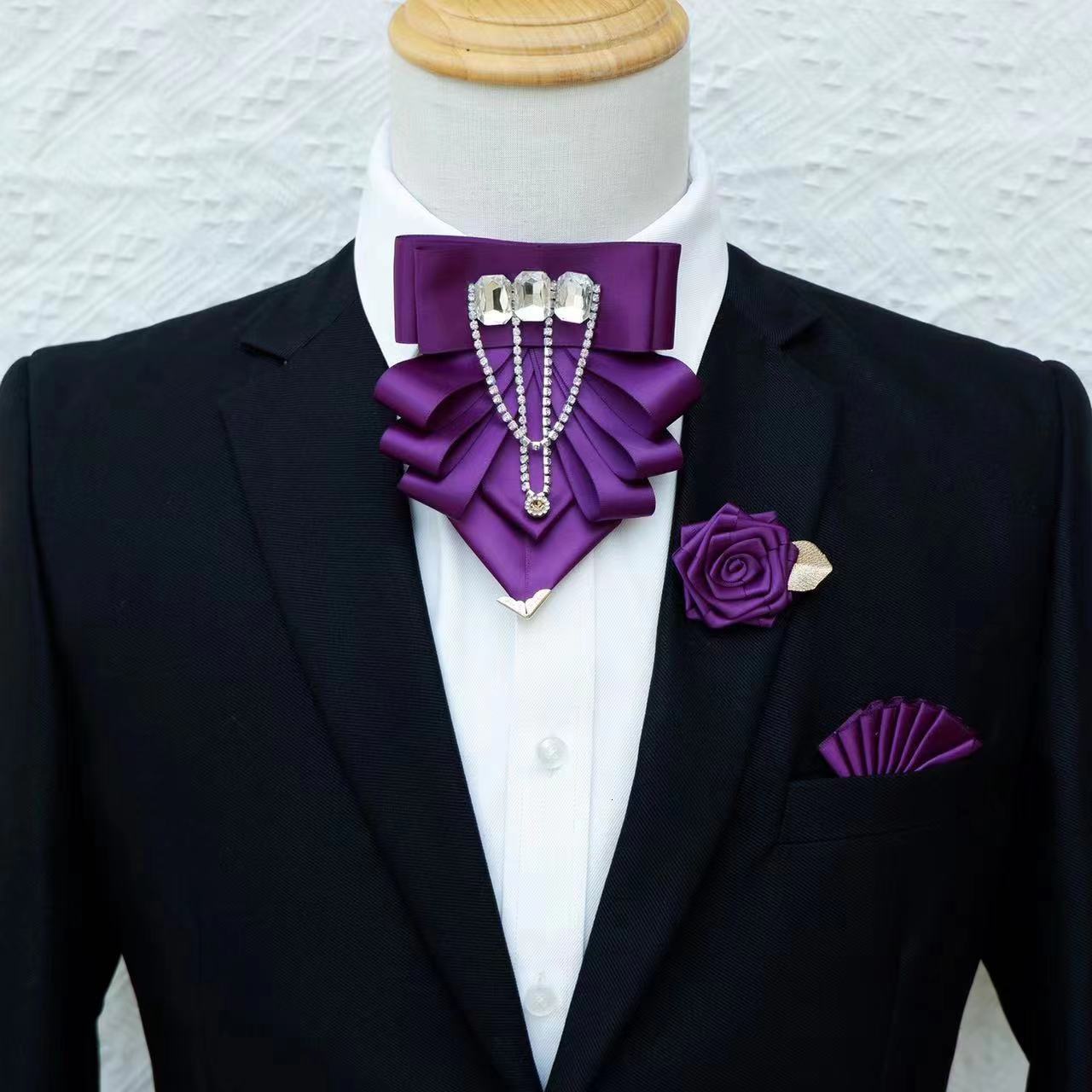 Bow Ties Original White Fringed Tie Brooch Set Men''s British Korean Business Dress Wedding Bowtie Pocket Towel Pin 230718
