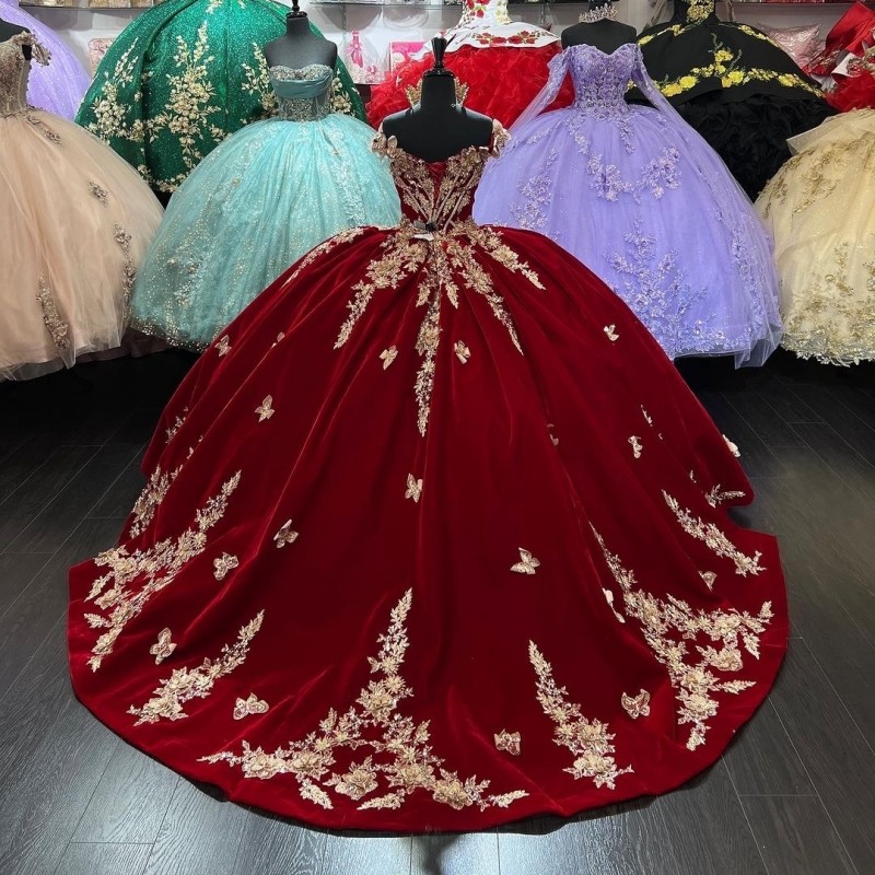 Red Sexy V-neck Princess Quinceanera Dresses Ball Gown Off The Shoulder Gold Appliques Bow Corset Sweet 15 Vestidos De XV Anos