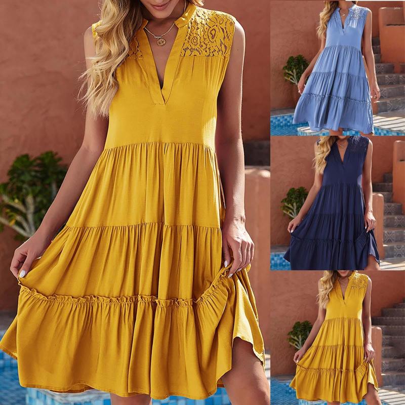 Casual Dresses In Summer For Women 2023 Block Ruffle Dress Sleeveless With Lace Hollow Up Mid Vestidos Para Mujer