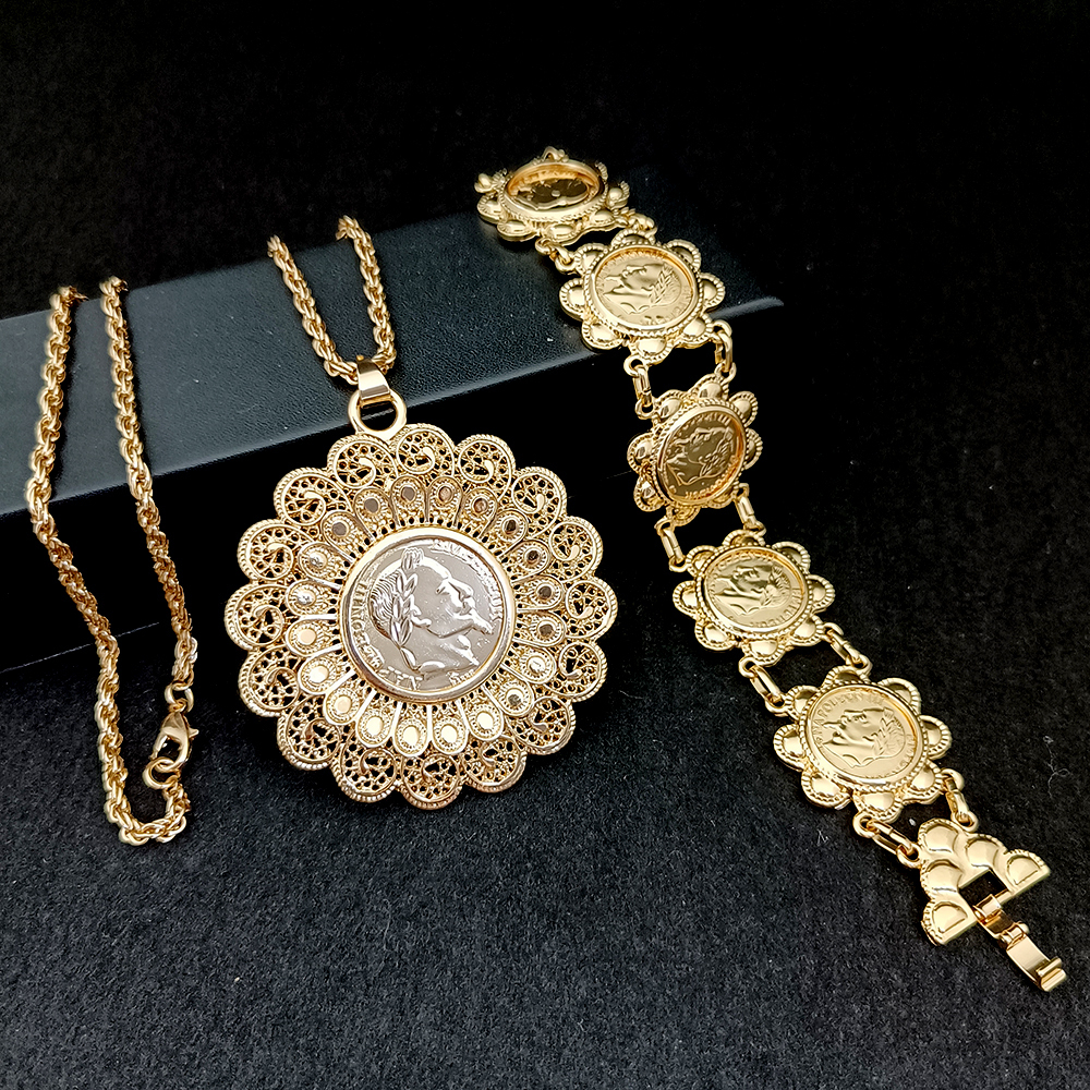 Wedding Jewelry Sets French Vintage Coin Bracelet Dubai Ladies Necklace Slide Chain Arabian Ladies Robe Jewelry Set Algerian Gold Plated Pendant 23071
