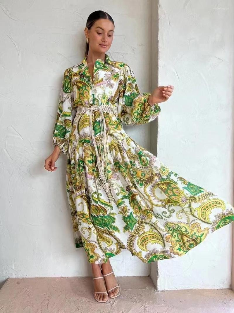 Casual Dresses Stylish Green Flower Printed Dress With Turn Down Collar And Waistband In Ramie Fabric