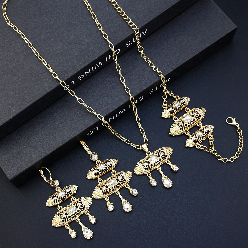 Wedding Jewelry Sets Sunspicems Ethnic-Style Morocco Jewelry Sets Gold Color Women Drop Earring Charm Bracelet Necklace Arabic Bride Wedding Jewelry 2