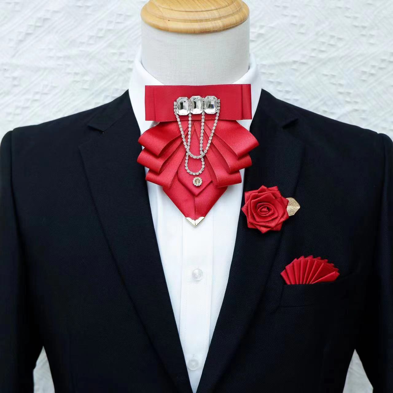 Bow Ties Original White Fringed Tie Brooch Set Men''s British Korean Business Dress Wedding Bowtie Pocket Towel Pin 230718