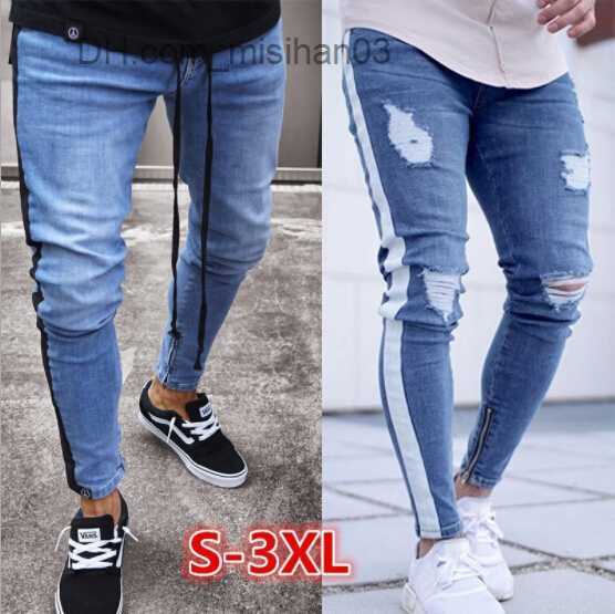 Men's Jeans Fashion-Ripped Jeans Leg Zipper Striped Biker Denim Pencil Pants Male Fit Long Trousers Pants Slim Distressed Streetwear Jeans Mens P