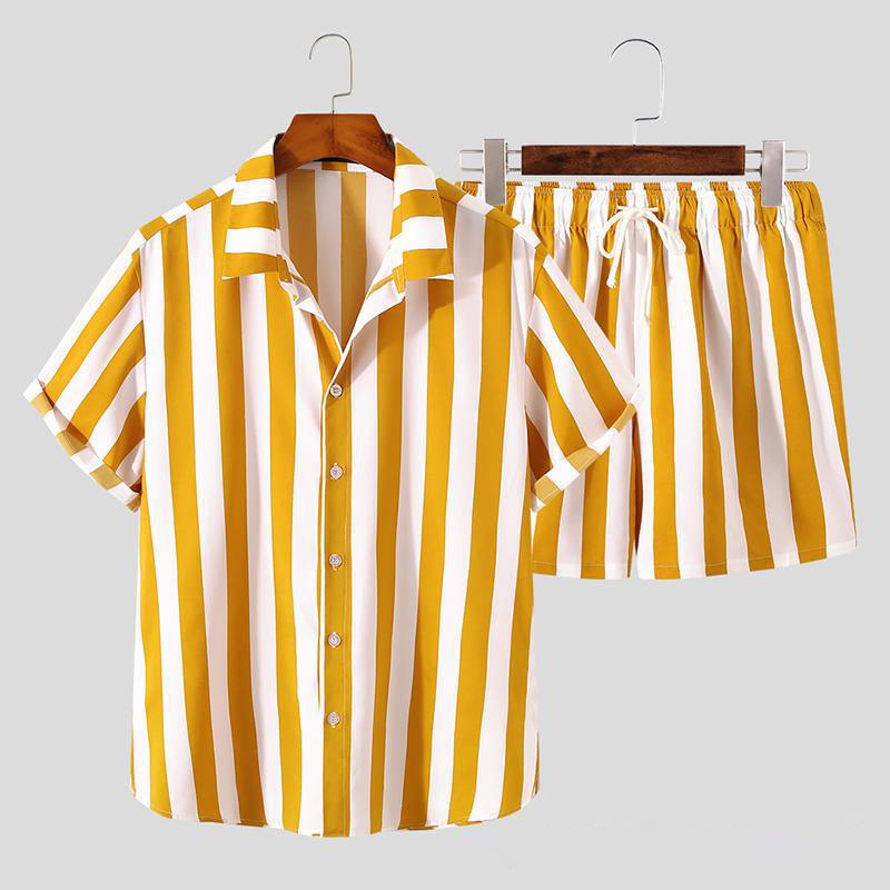 Mens Tracksuits Stripe Printed Hawaiian Set Button Short Sleeve Shirt and Beach Shorts Casual Street 2Piece S3XL Summer 230718