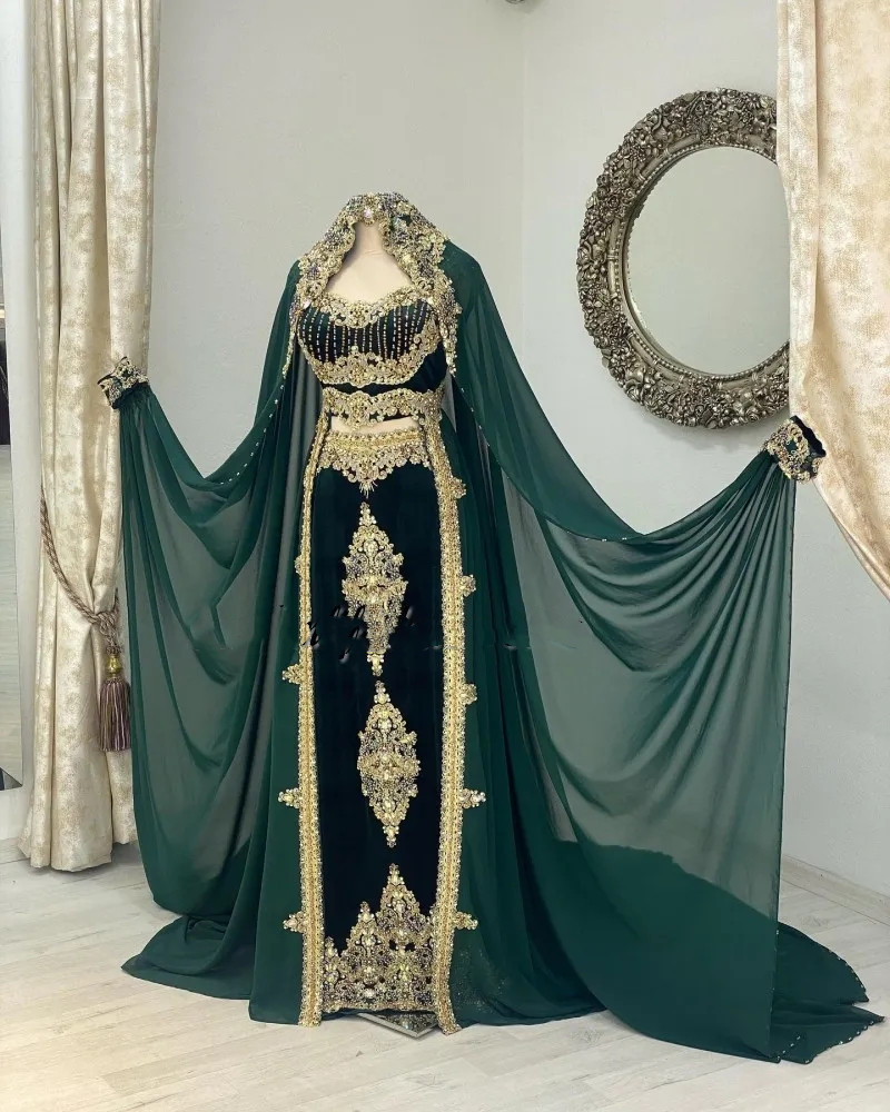 Formal Caftan Dark Green Evening Dresses With Cloak Lace Applique Beading Kaftan A-E Prom Dress Arabic Women Party Gowns 322 6660310