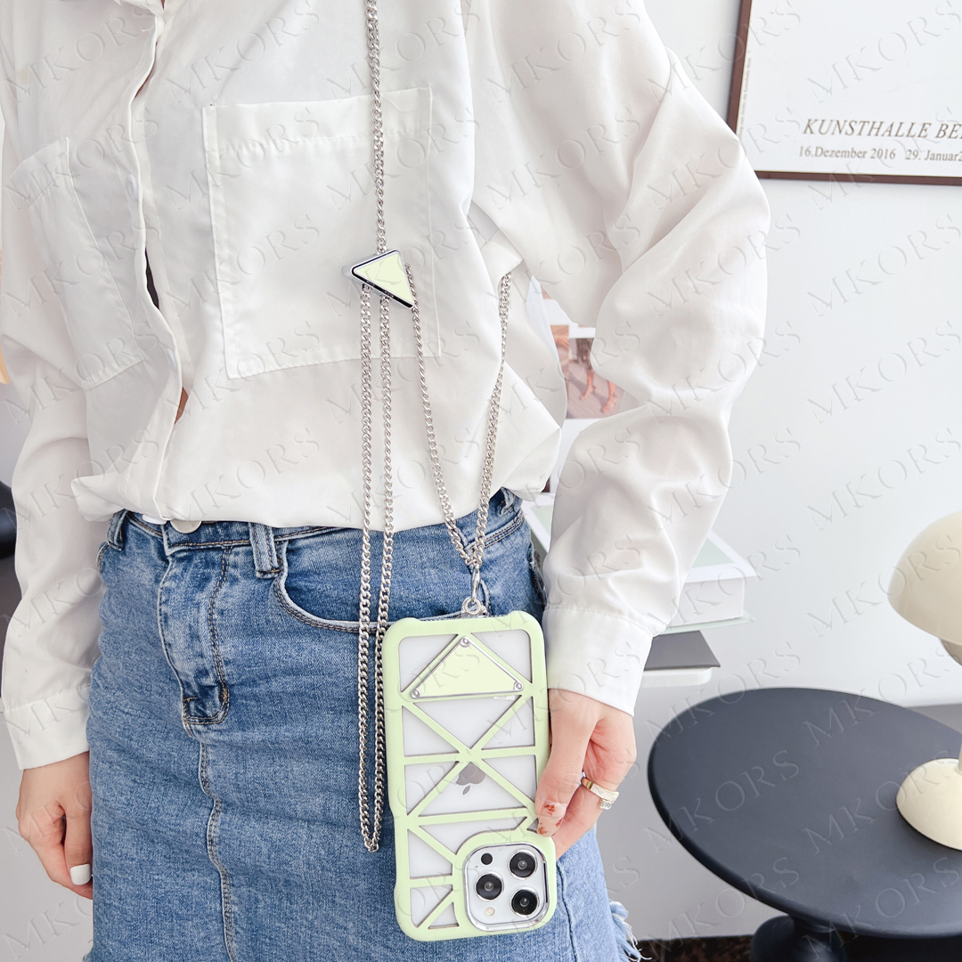 Classic Triangle Designer Phone Case for iPhone 14 13 12 Pro Max Summber Cooling Hollowed Back Fashion Shockproof Cover with Neck Shoulder Portable Ch