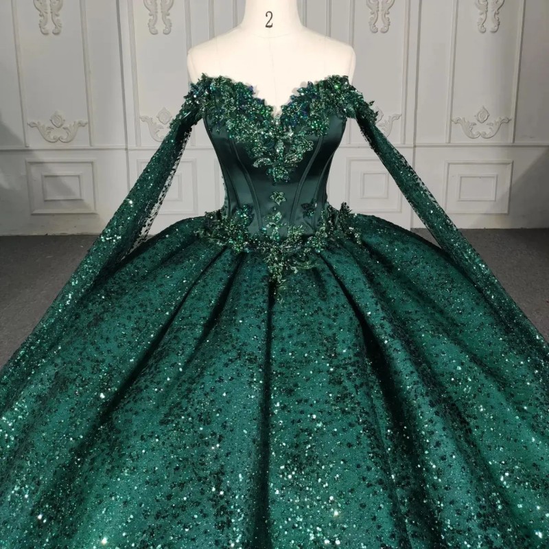 Emerald Green Off The Shoulder Quinceanera Dress Applique Lace Beading With Cape Ball Gown Vestidos De XV Anos