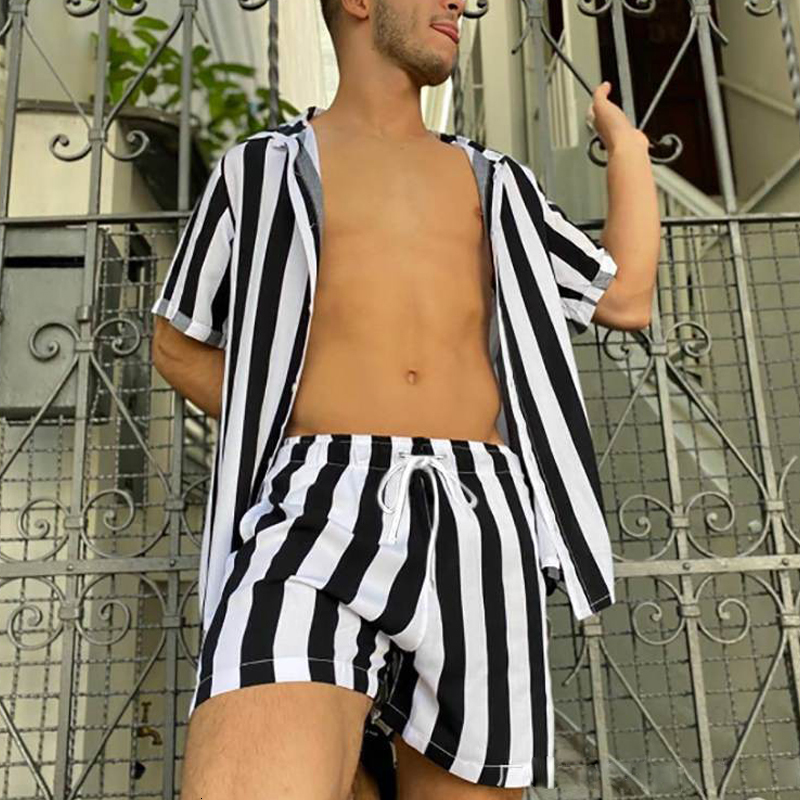 Mens Tracksuits Stripe Printed Hawaiian Set Button Short Sleeve Shirt and Beach Shorts Casual Street 2Piece S3XL Summer 230718