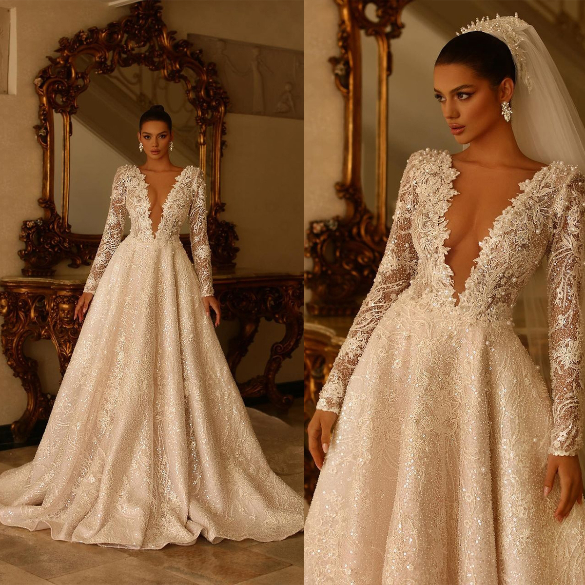 Glamorous A-line Wedding Dresses V-neck Long Sleeves Lace Applicants Pearls Lace Up Backless Court Gown Custom Made Zipper Plus Size Bridal Dress Vest