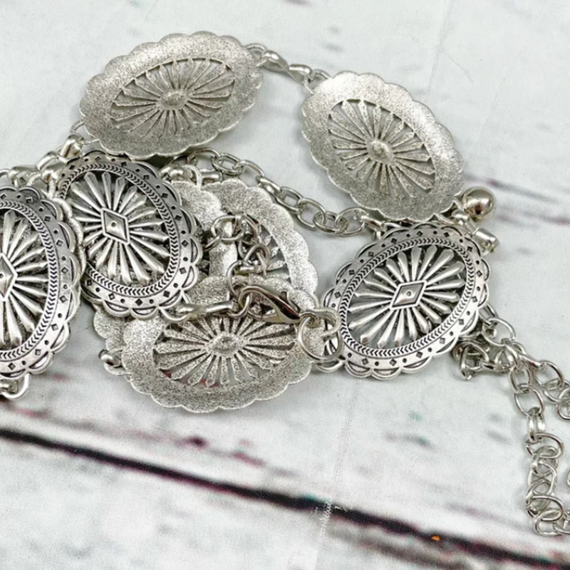 Neck Ties WESTERN METAL CONCHO WAIST CHAIN Belt Vintage 90s Southwestern Sun Star Burst Stamped Metal Medallion Concho Steel Chain 230718