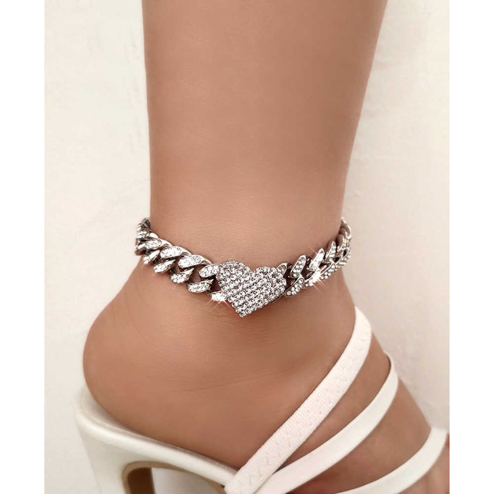 Anklets Trendy New Crystal Heart Shaped Anklet for Women Punk Hip Hop Full Rhinestone Miami Cuban Link Chain Ankle Bracelet Foot Jewelry 230607