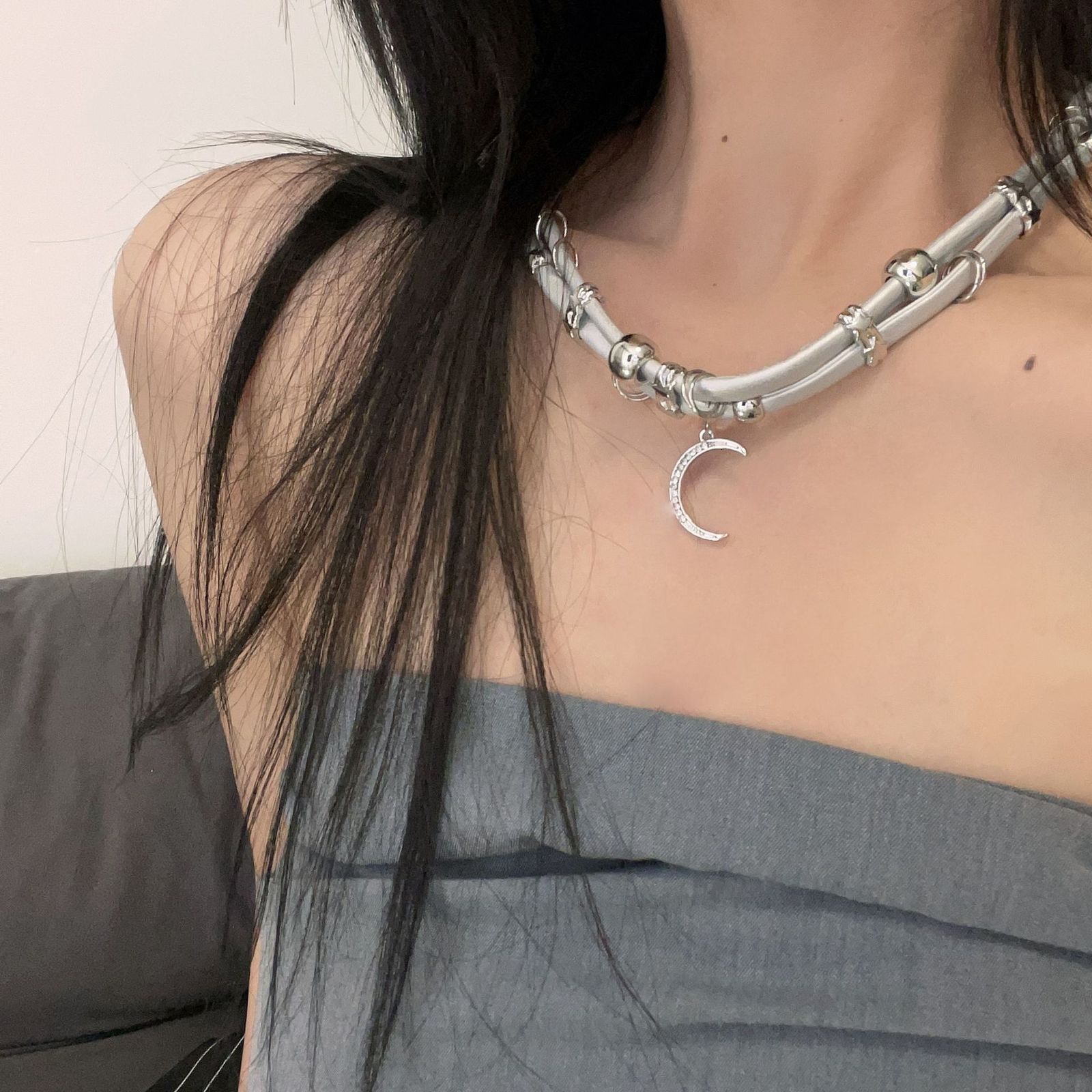 Pendant Necklaces Necklace For Women Y2k Accessories Moon Pendant Necklaces Subculture Choker Punk Artificial Leather Jewelry Necklaces For Womens 230