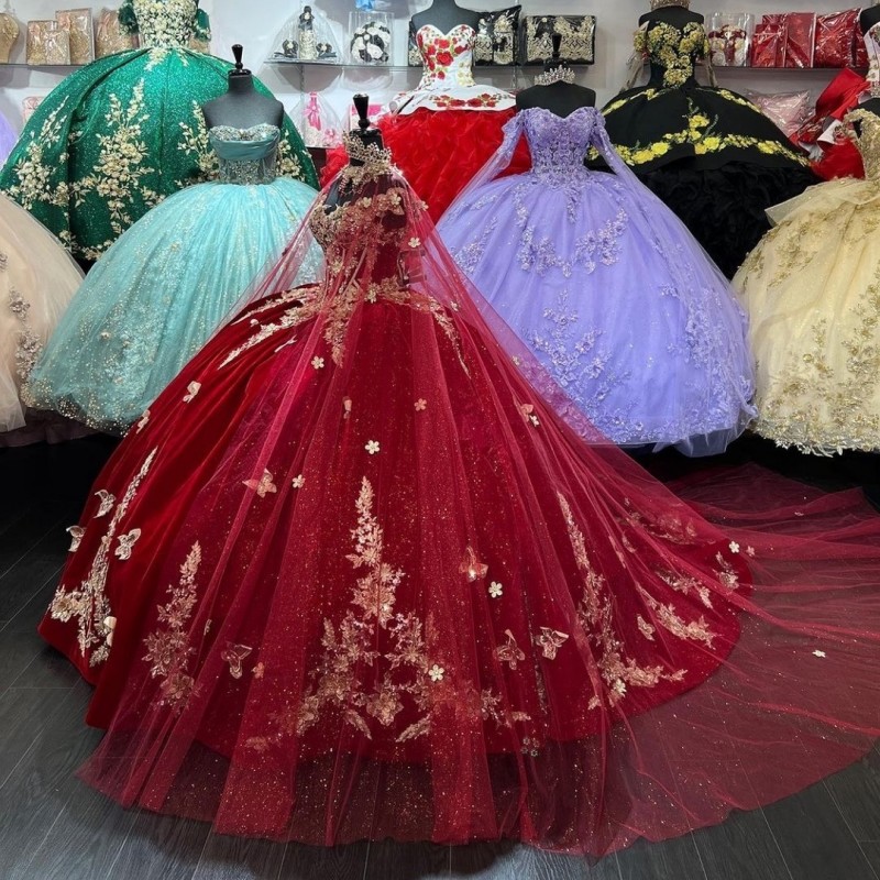 Red Sexy V-neck Princess Quinceanera Dresses Ball Gown Off The Shoulder Gold Appliques Bow Corset Sweet 15 Vestidos De XV Anos