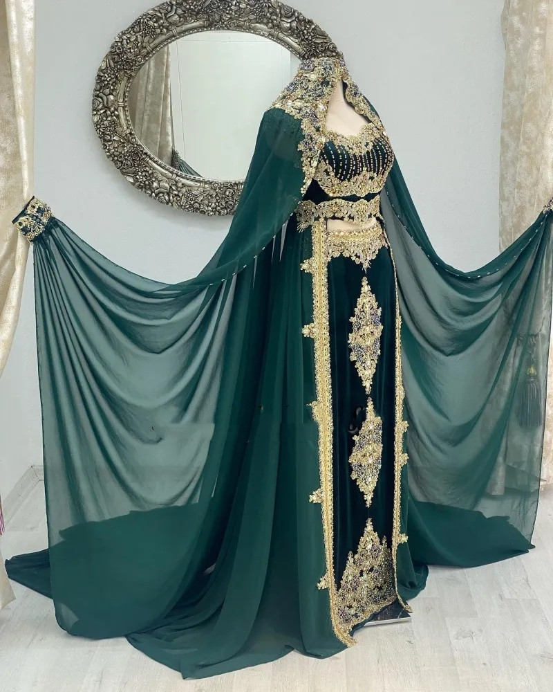 Formal Caftan Dark Green Evening Dresses With Cloak Lace Applique Beading Kaftan A-E Prom Dress Arabic Women Party Gowns 322 6660310
