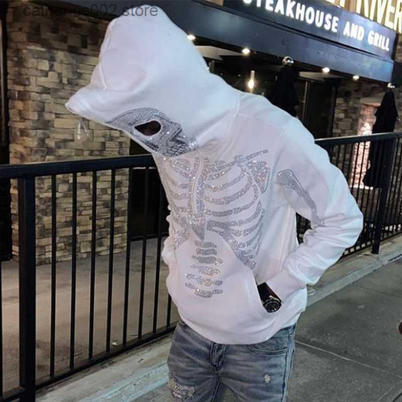 Men's Hoodies Sweatshirts Skeleton Rhinestones Off White Full Zip Hoodie Men Women Tops New Y2k Long Sleeve Hoodies Sweatshirts Streetwear O