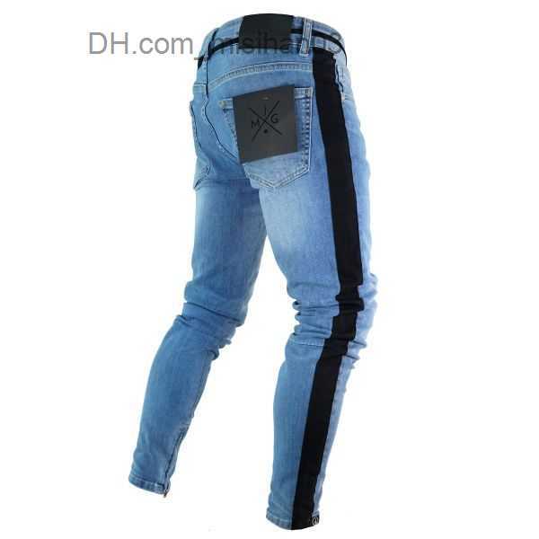 Men's Jeans Fashion-Ripped Jeans Leg Zipper Striped Biker Denim Pencil Pants Male Fit Long Trousers Pants Slim Distressed Streetwear Jeans Mens P