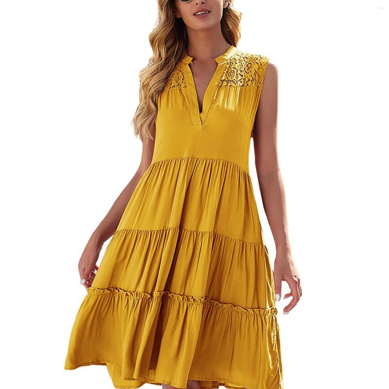 Casual Dresses In Summer For Women 2023 Block Ruffle Dress Sleeveless With Lace Hollow Up Mid Vestidos Para Mujer
