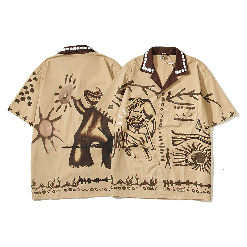 Men's Casual Shirts Khaki Cactus Jack Painter Cartoon Graffiti Men Women High Quality Button Up Turndown Collar Short Sleeve 230718