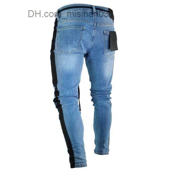 Men's Jeans Fashion-Ripped Jeans Leg Zipper Striped Biker Denim Pencil Pants Male Fit Long Trousers Pants Slim Distressed Streetwear Jeans Mens P