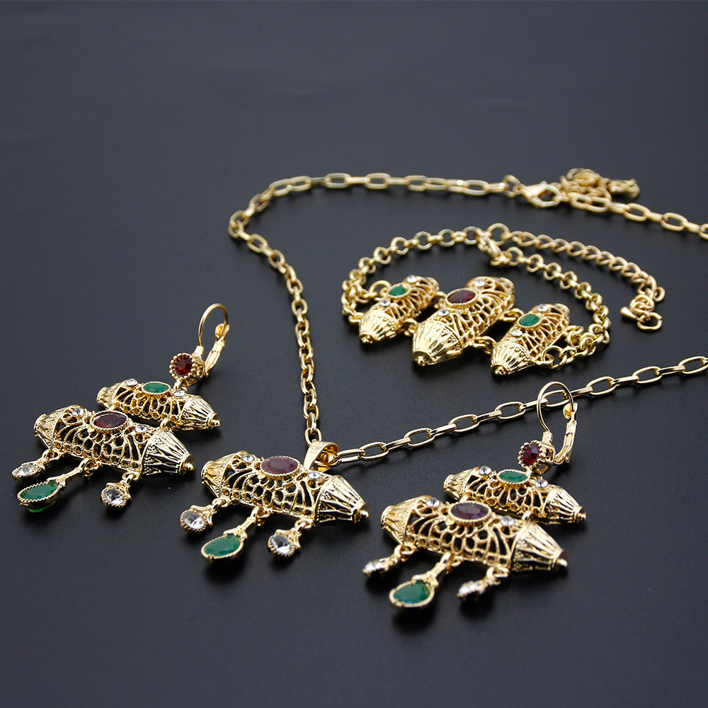 Wedding Jewelry Sets Sunspicems Ethnic-Style Morocco Jewelry Sets Gold Color Women Drop Earring Charm Bracelet Necklace Arabic Bride Wedding Jewelry 2