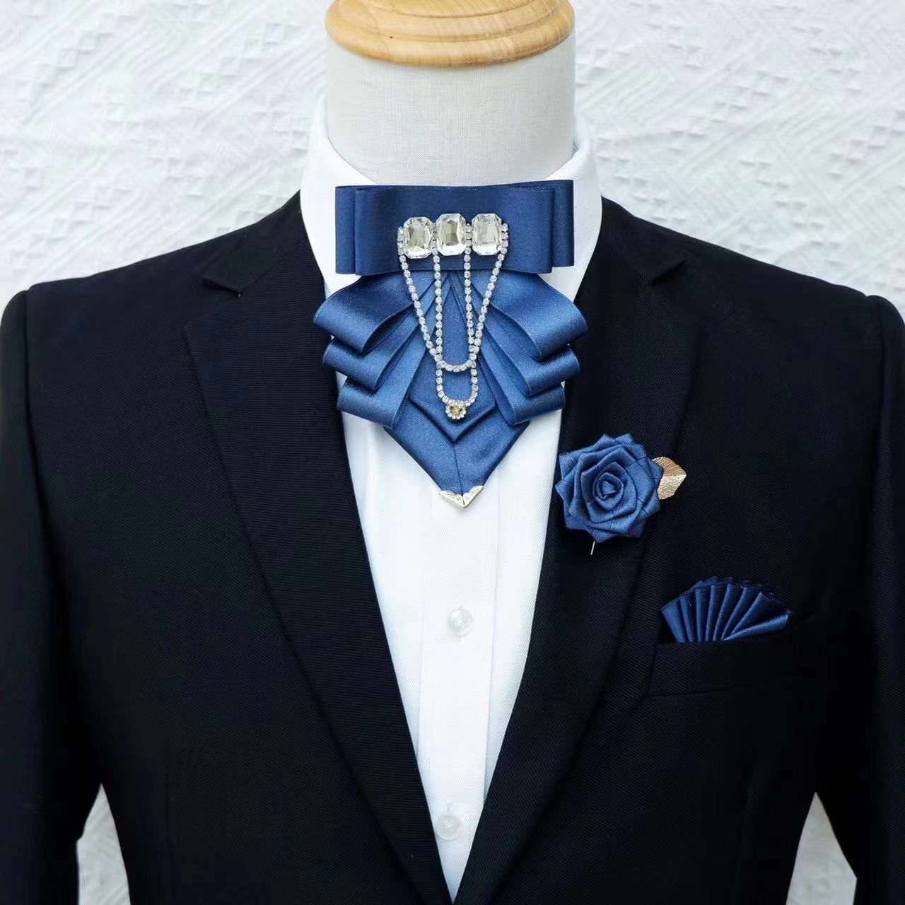 Bow Ties Original White Fringed Tie Brooch Set Men''s British Korean Business Dress Wedding Bowtie Pocket Towel Pin 230718